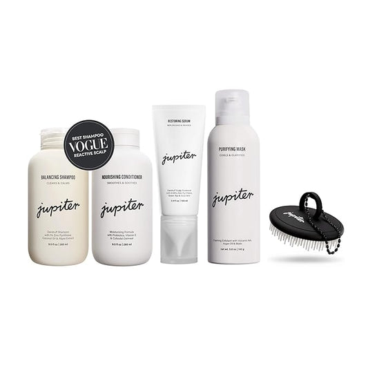 Jupiter Oil Control & Exfoliation Set, Anti-Dandruff Shampoo, Conditioner, Restoring Serum, Scalp Brush, & Purifying Mask, for Women & Men, Dermatologist-Formulated for Flaky, Itchy, Oily, & Dry Scalp