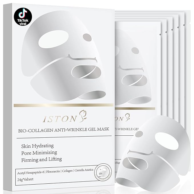 ISTON 6 Pack Bio-Collagen Real Deep Anti Wrinkle Lifting Mask,Overnight Hydrating Face Mask for All Skin Types -Pore Minimizing,Elasticity Enhancing,Firming,Moisturizing