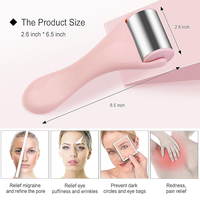 MAANGE Ice Roller for Face 1 Piece Stainless Steel Facial Roller Ice Face Roller for Puffiness,Migraine,Pain Relief and Skin Care (Pink)