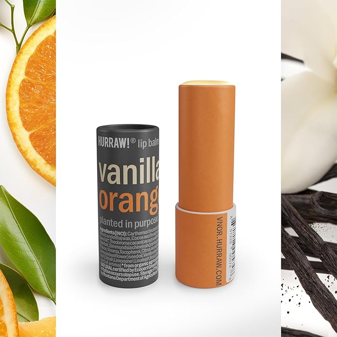 Hurraw! Vanilla & Orange Lip Balm, 3 Pack: Plastic-Free with new cardboard push-up tube. Certified Organic, All Natural Origin, Vegan & Cruelty Free. Gluten, Bee, Shea, Soy & Palm Free. Made in USA