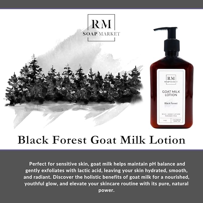 Goat Milk Lotion, Black Forest Fragrance, Hydrating Lotion for Men and Women, Infused With Nourishing Goat Milk, Shea Butter, Sunflower Oil, and Aloe, Soft Amber & Tobacco Scent, 9 Oz