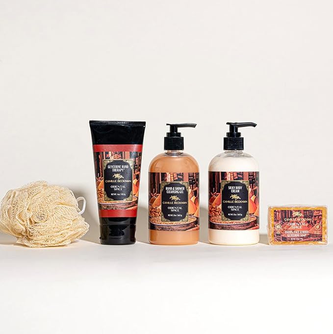 Camille Beckman Oriental Spice Essentials Gift Basket, Glycerine Hand Therapy 6 oz, Silky Body Cream 13 oz, Hand and Shower Cleansing Gel 13 oz, Glycerine Soap 3.5 oz, Bath Body Net, and Gift Basket
