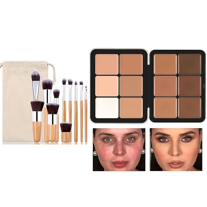 Makeup Cream Contour Palette with Makeup Brush, 12 Shades Full Cover Creamy Concealer and Highlighting Makeup Kit for Under Eye Dark Circles, Acne & Blemishes, Reduces Redness, Light to Dark