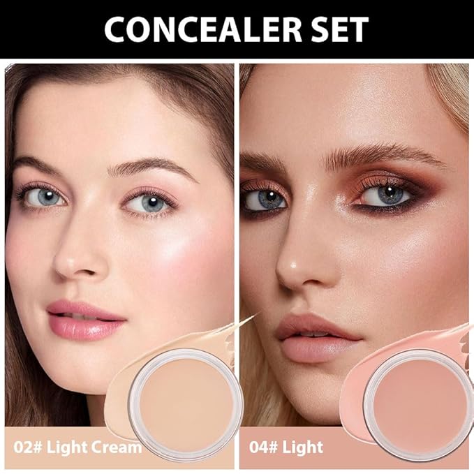 Kaely 2Pcs Pot Concealer Full Coverage Set,under Eye Brightener Concealer for Conceals Dark Circles,Waterproof Foundation Face Makeup Brush Kit,Color Correcting Concealer,02+04