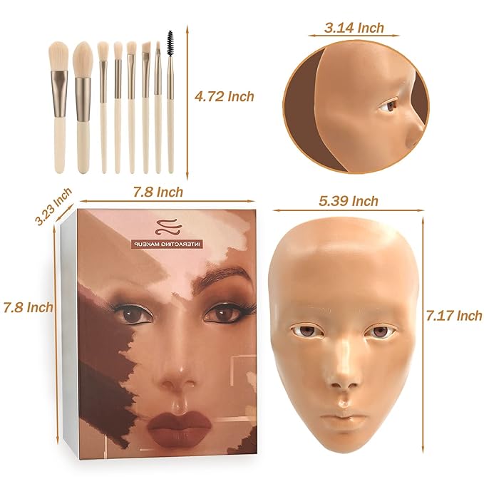 3D Makeup Practice Face,Reusable Makeup Mannequin Face with Makeup Brushes Set,Silicone Full Face Practice Eyelash Eye Shadow,for Emerging Makeup Artist,for Girl's Gift