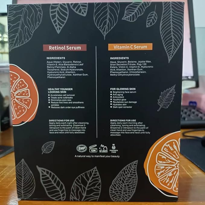 Kumi Beauty. K-Beauty Serums ~ 3 in 1 Gift Box ~ ||| Set: 2 Face Serums (Vitamin C + Retinol) + 1 Rose Quartz Roller.