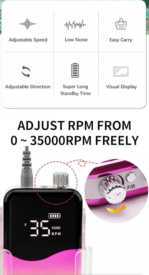 M Mase- Professional Nail Drill Machine - Coreless 2-in-1 Nail File - Electric, Cordless, 35000 RPM, HD Display - Electric Nail Drill for Professional & Home Use (Metallic Gold)