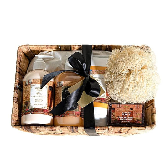 Camille Beckman Essentials Gift Basket, Tuscan Honey, Glycerine Hand Therapy 6 oz, Silky Body Cream 13 oz, Hand and Shower Cleansing Gel 13 oz, Glycerine Soap 3.5 oz