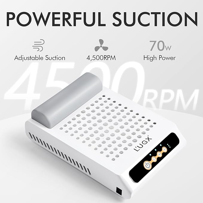 L'UGX Rechargeable Nail Dust Collector with 2 Reusable Filters, Professional 70W Nail Extractor Vacuum Acrylic Nail Dust Cleaner, Perfect for Home Salon Use, Low Noise