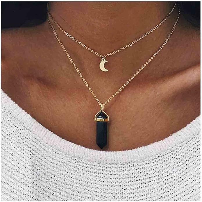 Boho Layered Moonstone Necklace Chain Gold Moon Pendant Necklace Black Hexagonal Stone Necklace Jewelry for Women