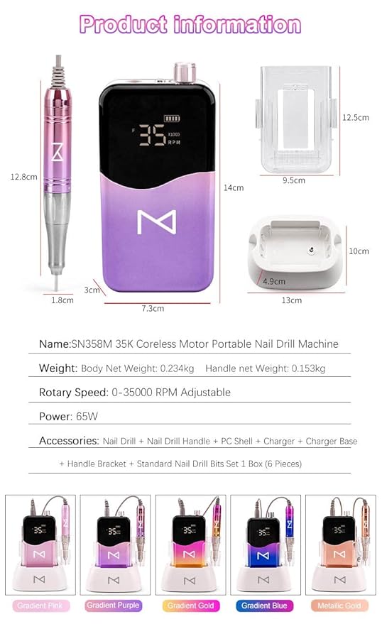 M Mase- Professional Nail Drill Machine - Coreless 2-in-1 Nail File - Electric, Cordless, 35000 RPM, HD Display - Electric Nail Drill for Professional & Home Use (Metallic Gold)