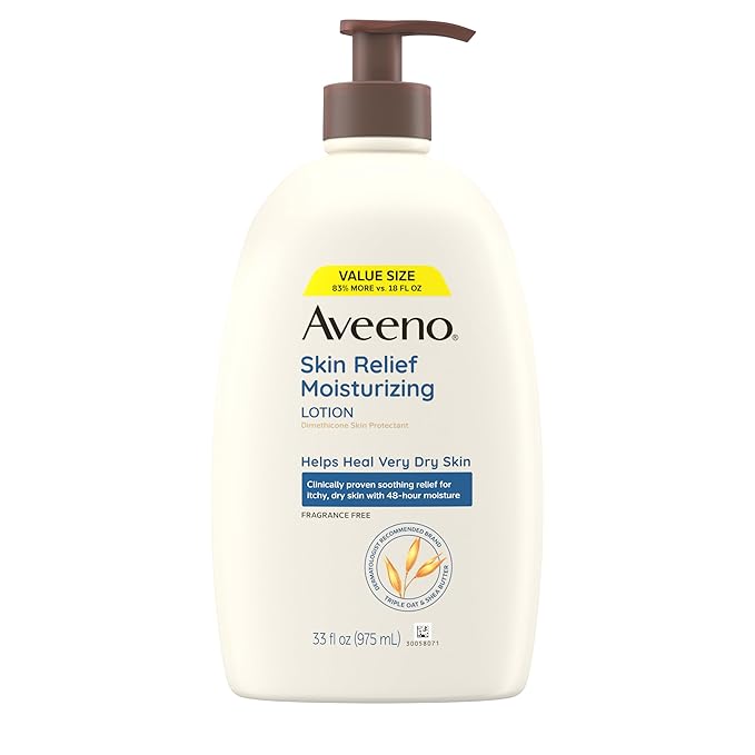 Aveeno Skin Relief Moisturizing Lotion for Very Dry, Itchy, Dry Skin, Body Moisturizer, Soothing Triple Oat & Shea Butter, Fragrance-Free, Non-Greasy, 33 fl oz