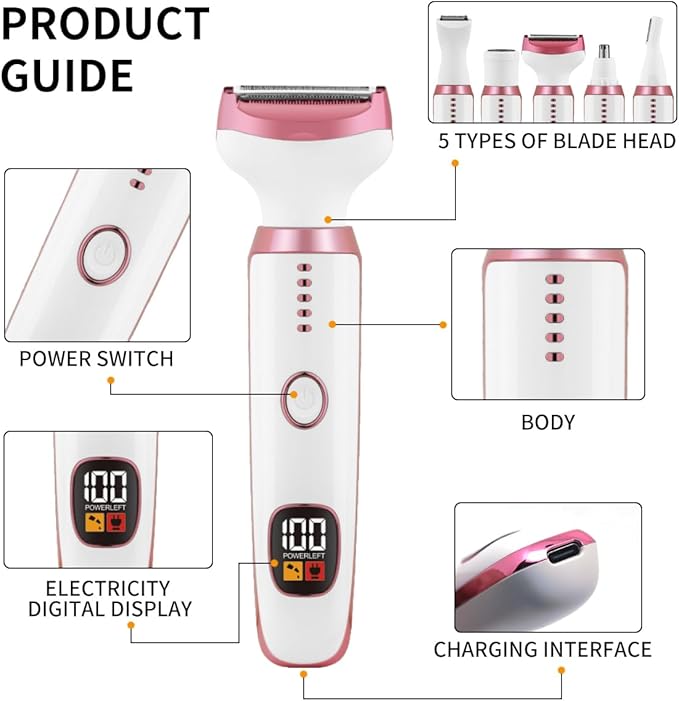 Electric Razors for Women, 5 in 1 Painless Ladies Wet & Dry Body Razors and Facial Hair Remover, Rechargeble Facial and Body Hair Remover for Face Nose Eyebrow Arms Armpit Legs Pubic Area（White）