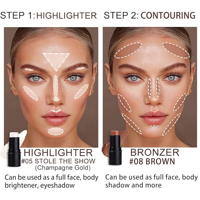 evpct 2Pcs Face Cream Contour Sticks Makeup Highlighter Highlight Brown Creme Cheek Contour Sticks contorno en crema Bronzer Bronzing Foundation Stick Kit Powder Shadow Shading Face Contour 05&08