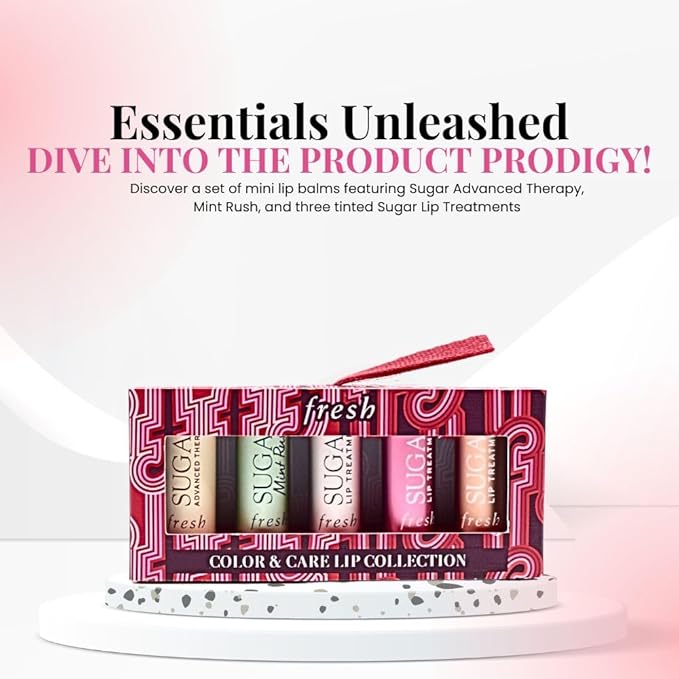 Fresh Color & Care Lip Collection Holiday Gift Set:: Tinted Lip Balms in Sugar Rosé, Honey, Bloom, Sugar Advanced Therapy, Mint Rush Lip Treatment