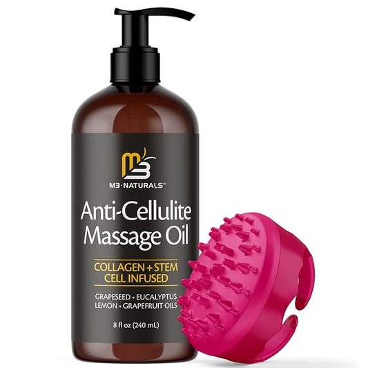 M3 Naturals Anti Cellulite Massage Oil and Silicone Body Brush – Collagen and Stem Cell Skin Tightening Formula for Smoothing and Firming – 8 Fl Oz
