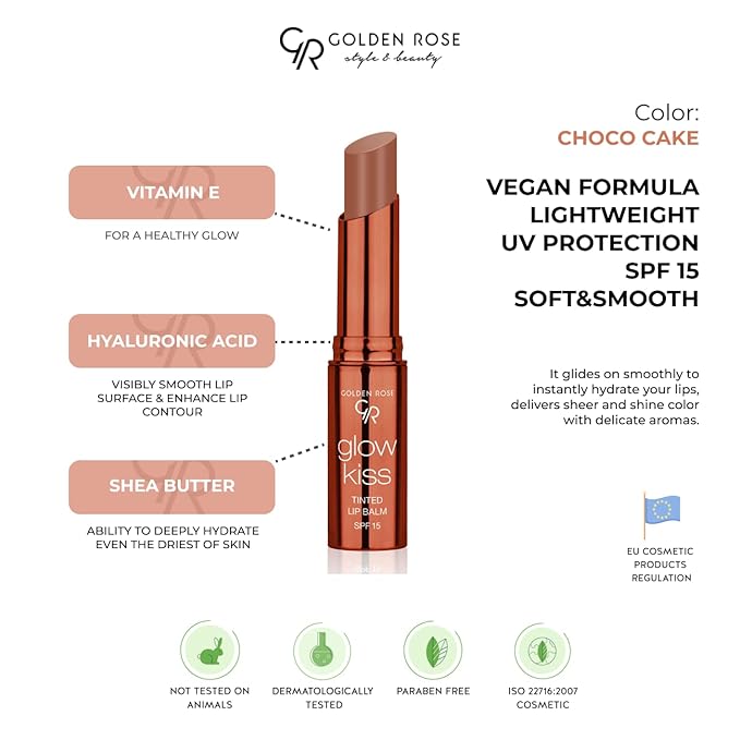 Golden Rose Cosmetics Glow Kiss Tinted Lip Balm with SPF15, Vegan Formula (Choco Cake)