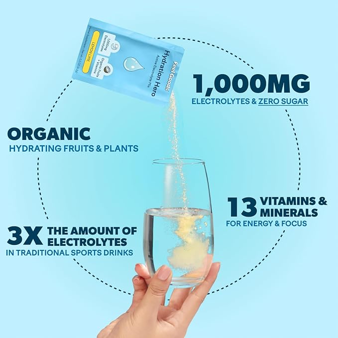 Feel Goods Hydration Hero, 1,000mg Electrolytes Powder, Sugar Free, Magnesium, Organic Aloe Vera, L Theanine, Vitamin C & B12, Keto, Vegan, Electrolyte Packets, Passion Fruit Punch, 15 Count