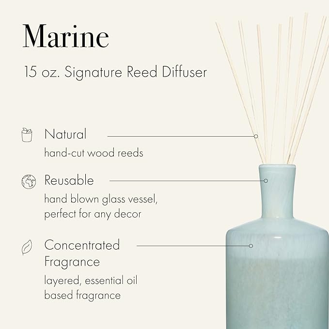 LAFCO New York Signature Reed Diffuser, Marine - 15 oz - Up to 9 Months Fragrance Life - Reusable, Hand Blown Glass Vessel - Natural Wood Reeds - Made in The USA