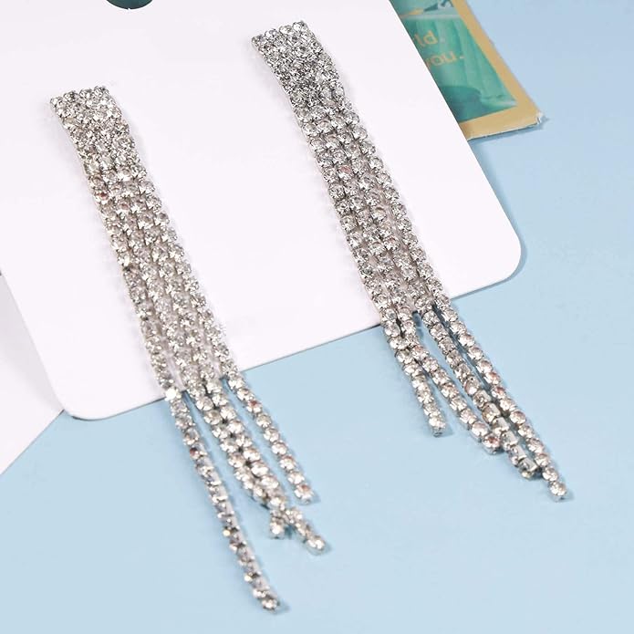 Boho Rhinestone Tassel Earrings Long Fringe Drop Dangle Earrings Silver Crystal Chain Tassel Earrings Vintage Chandelier Chain Studs Earrings Luxury Statement Earrings Jewelry for Women and Girls Gifts