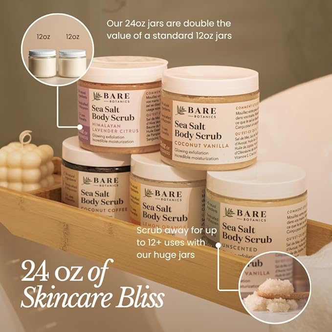 Bare Botanics Lavender Grapefruit Body Scrub 24 oz - Naturally Scented Himalayan Salt Scrub Made in Madison WI - Formulated w/Skin Loving Moisturizers - Cruelty Free Exfoliator w/a Cute Wooden Spoon