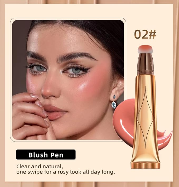 Liquid Blush Beauty Wand, Cream Blush Stick,Face Concealer Contouring Shaping,Long Lasting & Smooth Natural Matte Finish,with Cushion Applicator Attached Easy to Blend.(02# Peach Pink)