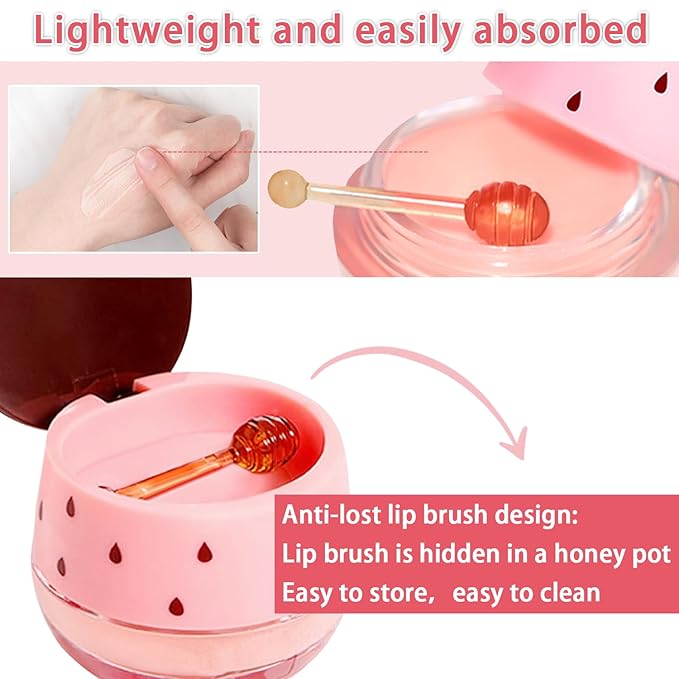 3 PCS Bee Lip Balm Honey Pot, Watermelon & Cherry & Strawberry Lip Mask Overnight Propolis Moisturizing Lip Balm Hydrating Prevention Dry and Crack Lip Scrubs Exfoliator Lip Wrinkle Care (Set C)