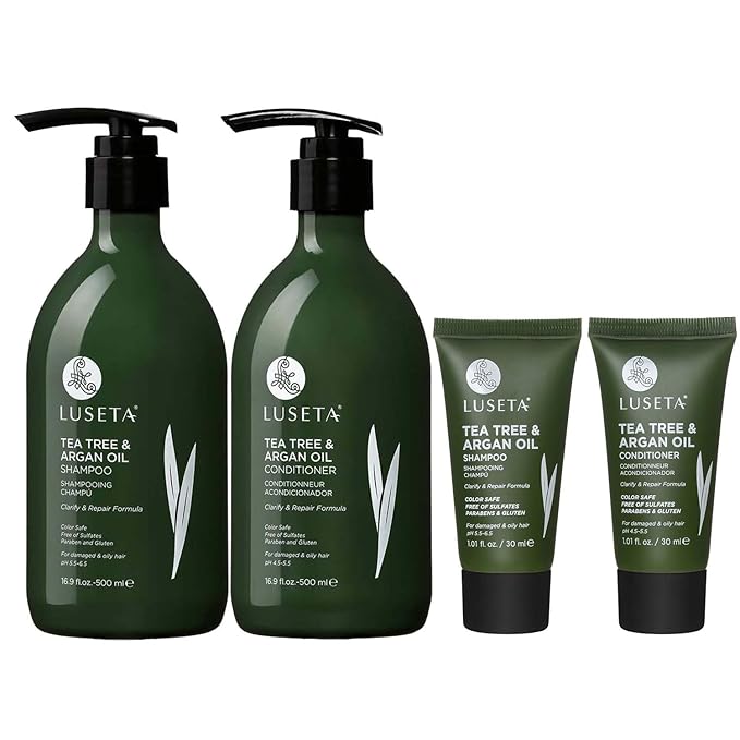 Luseta Tea Tree Shampoo and Conditioner Set - Full and Travel Size for Oily Hair, Clarifying Dandruff with Argan Oil Repair (2x16.9 fl oz + 2x1.01 fl oz)