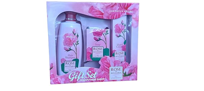 Gift set"Rose of Bulgaria" for WOMEN - HAIR SHAMPOO for Women, COSMETIC SOAP for Women, HAND CREAM with Rose Essential Oil and Rose Water