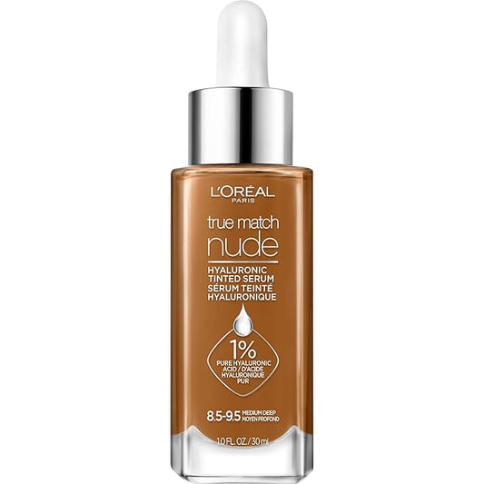 L'Oreal Paris True Match Nude Hyaluronic Tinted Serum Foundation with 1% Hyaluronic acid, Medium Deep 8.5-9.5, 1 fl. oz.