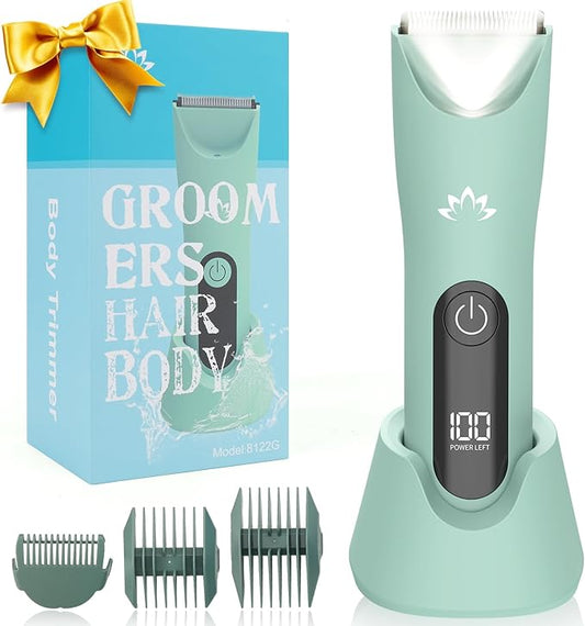 Electric Bikini Trimmer for Women,Electric Razors for Women,Cordless Pubic Hair Trimmer,IPX7 Waterproof & LED Display Mens Ball Trimmers Bikini Shaver for Underarm Leg Arm,Gifts Green