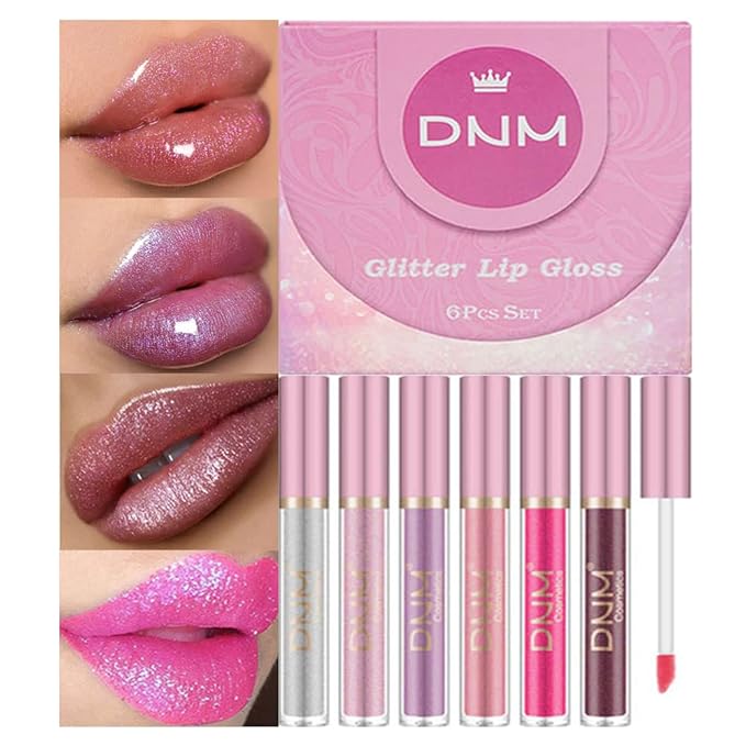 evpct 6Pcs Holographic Shimmer Lip Gloss Liquid Lipstick Set Makeup, Pink Red Metallic Lipstick Long Lasting Waterproof, Diamond Shinning Sparkly Sparkle Lipstick Face Eye Moisturizing High Gloss Glow