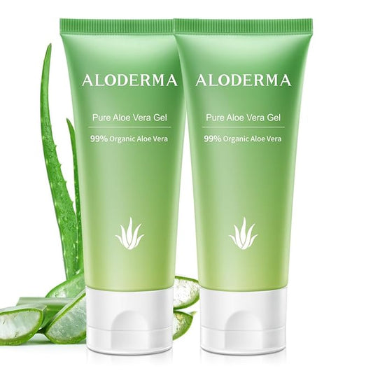 Aloderma 99% Organic Aloe Vera Gel Made within 12 Hours of Harvest, Easy Travel Size Tube for Body, Face, & Scalp, Cooling & Soothing Support for Skin & Sunburn, Hydrating Aloe Gel, 1.5oz - 2ct