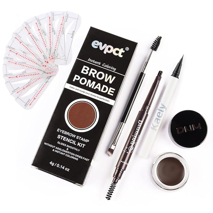evpct Eyebrow Stencils Kit for Women Shaping, Eyebrow Shaper Makeup Kit, Eye Brow Stencil Shaper Tinting kits for Women, with Eyeliner, Eyebrows Pencil, Pomade, Brush and 10 Stencils, Kit-01# EBONY