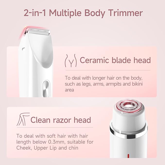 Bikini Trimmer for Women Electric Razors for Women, Double Head Dual Purpose, IPX7 Waterproof Hair Razor, Ceramic Blade Hair Trimmer Wet & Dry Use,Womens Painless Electric Shaver for Facial and Body