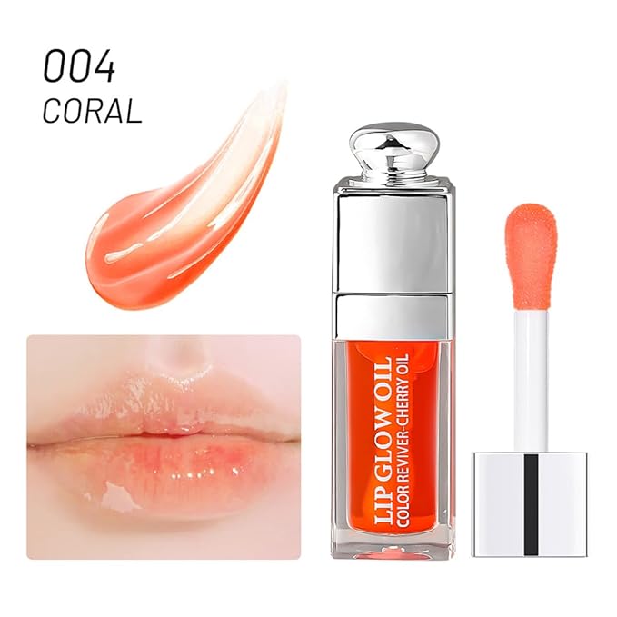 Hydrating Lip Glow Oil, Moisturizing Plumper Lip Gloss, Transparent Plumping Balm, Tinted Balm Care 0.2 OZ - 004 CORAL