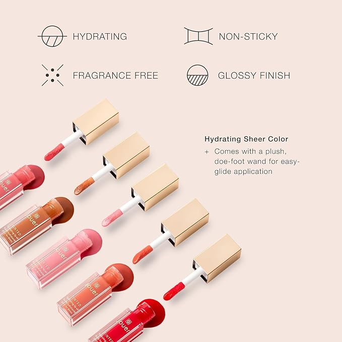 Jouer Essential Tinted Hydrating Lip Oil Gloss – Moisturizing Dry Lip Treatment Serum - Fragrance Free Tinted Lip Oil - Jojoba Seed Oil and Apricot Oil Formula