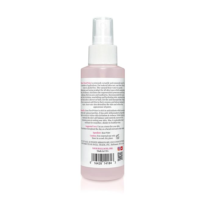 Well's Oil Rosewater Mist Spray (4 Fl oz) – Hydrates, Soothes & Refreshes | 100% Natural | No Chemical | For All Skin and Hair Types