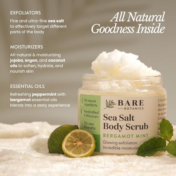 Bare Botanics Bergamot Mint Body Scrub 24oz | Made in Madison, WI | All Natural Sea Salt Exfoliator w/ Skin Loving Moisturizers | Vegan & Cruelty Free | Gift Ready Packaging w/ a Cute Wooden Spoon