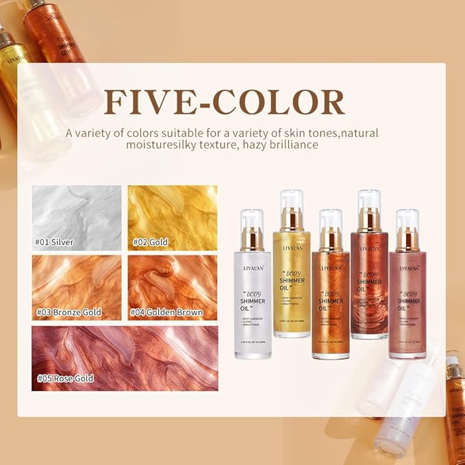 Liyalan Shimmer Body Oil Rose Gold 5 Color Bronze Face Glow Pearl Highlighter Illuminator body Makeup Shine Glitter Gold Liquid Taning 3.38 Fl Oz