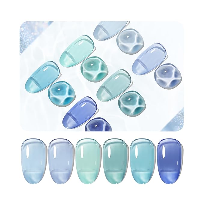 JODSONE 10ml 6 Colors Jelly Gel Nail Polish Set Ocean Blue Turquoise Gel Polish with Crystal Long Lasting All Seasons Need U V Lamp