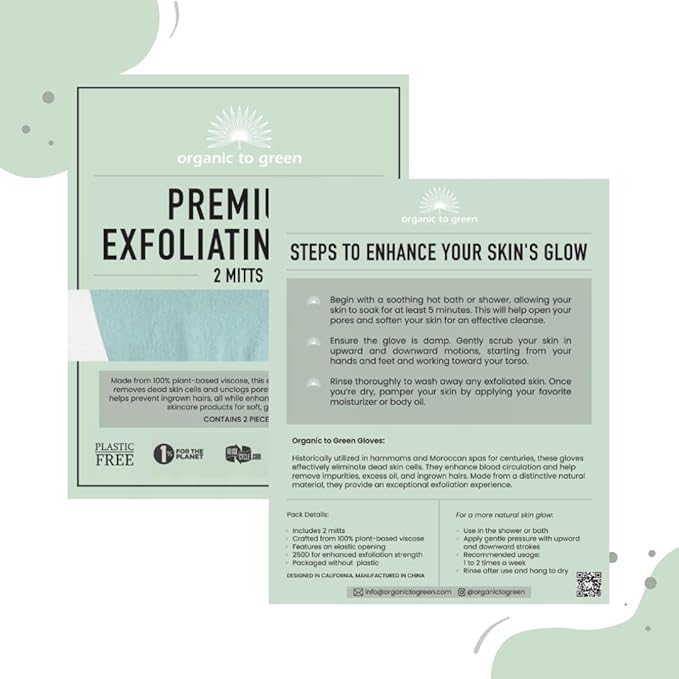 Organic to Green Premium Exfoliating Mitt for Body (2pc) – 100% Vegan Viscose Traditional Body Scrub Washcloth – Body Exfoliator (Green)