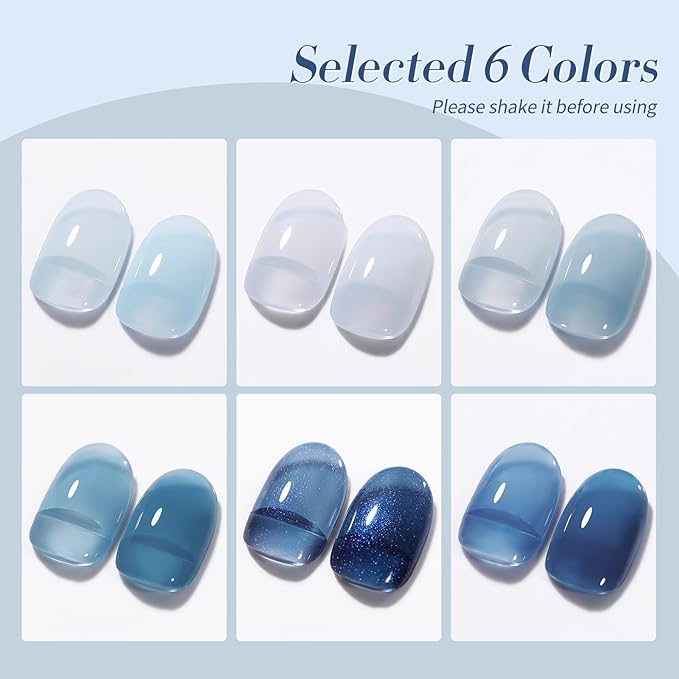 BORN PRETTY Jelly Blue Gel Nail Polish Set 6 Colors Translucent Light Blue Baby Blue Royal Blue Reflective Glitter Blue Nail Gel Kit Soak Off Nail Art Manicure Design Home Salon Holiday Gift
