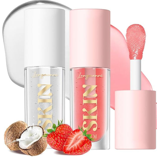 2Pack Non-sticky Lip Oil, Moisturizing Glossy/Shiny Lip Gloss Oil PlumpingTint, Hydrating Lip Gloss Lip Balm, Long Lasting Nourishing Fruit Flavoure Lip Oils(Strawberry + Coconut)