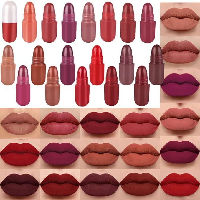 evpct 18 Pcs Capsule Pills Lipstick Mini Matte Lipstick Set for Women Long Lasting labiales mate 24 horas originales Deep Red 24 Hours Waterproof Stay on Lip liner Set Sampler