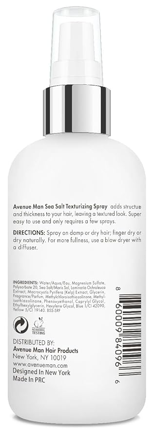 Avenue Man Sea Salt Spray for Men - Texturizing & Thickening Sea Salt Hair Spray for Men with Kelp and Brown Seaweed Extract - Paraben, Sulfate-Free - Add Volume and Texture Beach Hairspray 6.76 Oz