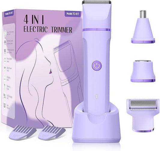 Electric Razors for Women - 4 in 1 Bikini Trimmer for Women, Waterproof Body Pubic Shaver for Womens Wet & Dry Use, Replaceable Facial & Nose Hair Trimmer, Rechargeable Hair Removal Kit, Purple