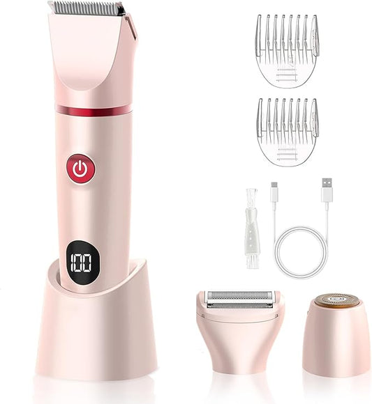 3-in-1 Bikini Trimmer for Women, Electric Razors Shaver for Public Hair - Rechargeable Body Hair Trimmer, Portable Detachable Removal Kit, lPX7 Waterproof Lightweight with LED Display, Gift for Women