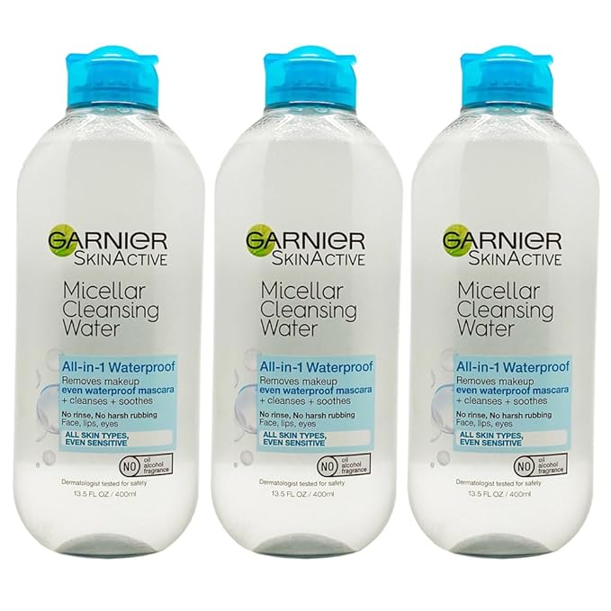 Garnier Skin Active Cleansing Water All in 1 Makeup Remover and Facial Cleanser 13.5 Pack, Micellar Waterproof, 40.5 Fl Oz, Pack of 3