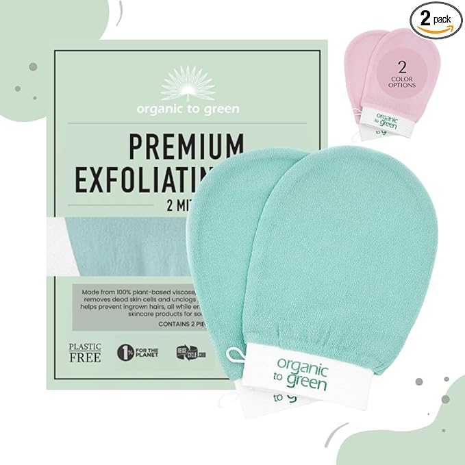 Organic to Green Premium Exfoliating Mitt for Body (2pc) – 100% Vegan Viscose Traditional Body Scrub Washcloth – Body Exfoliator (Green)